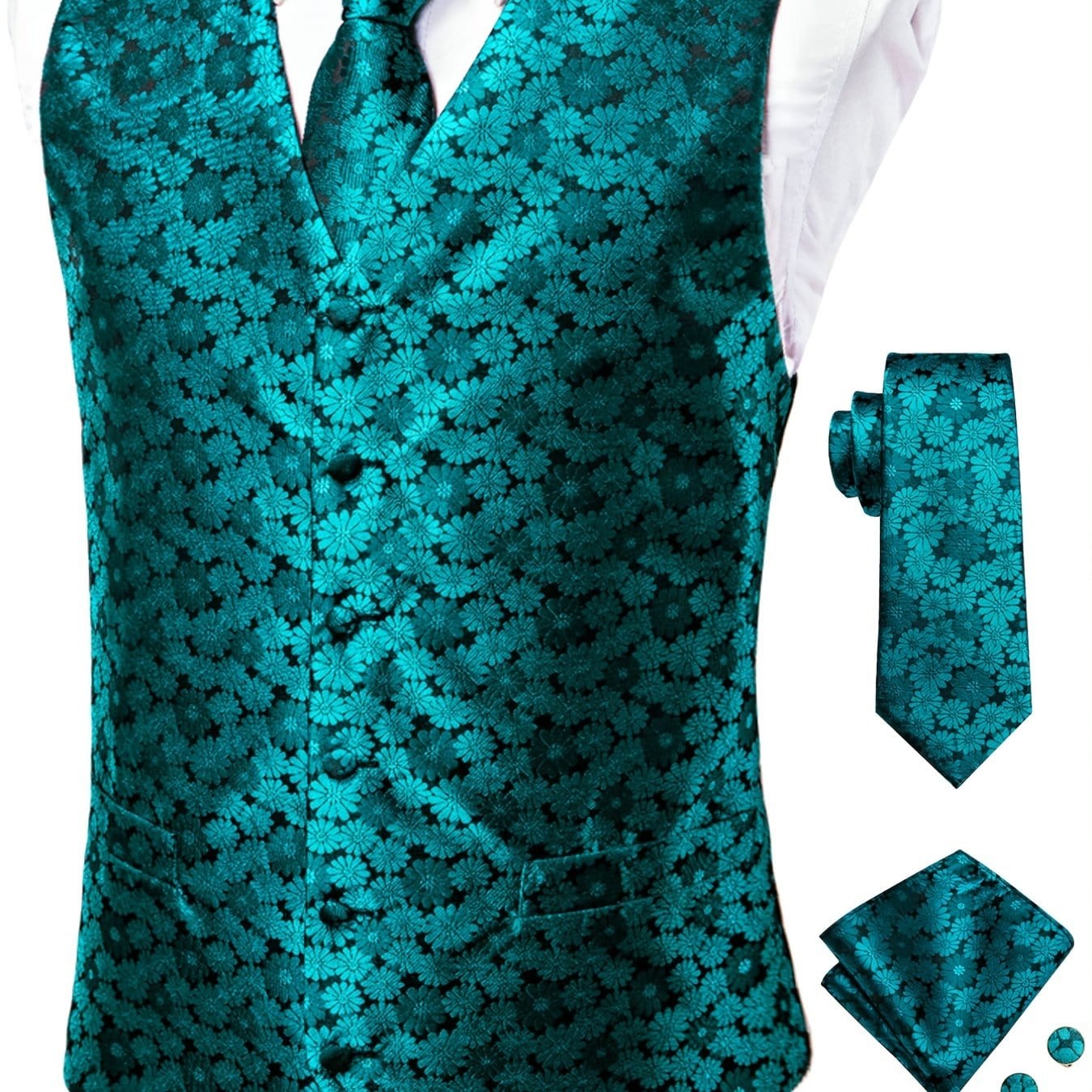 Men's Vintage Elegant Fit Sleeveless Vest Set With Floral Print, Formal Suit Waistcoat & Tie & Cufflinks & Hanky For Wedding Party Business
