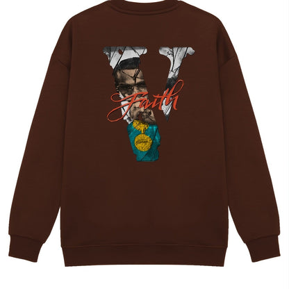 Men's Vintage Fleece V Letter Graphic Print Round Neck Pullover Sweatshirt