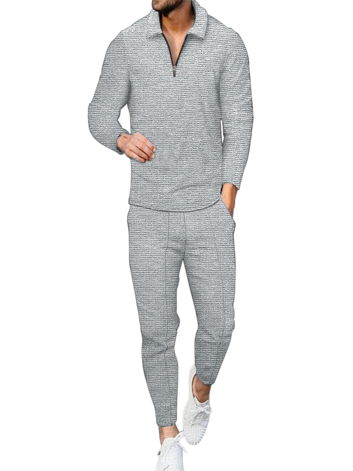 Men's Grey Long Sleeve Polo Shirt And Pants 2 Piece Set Sweatshirt Hoodies Christmas Gifts