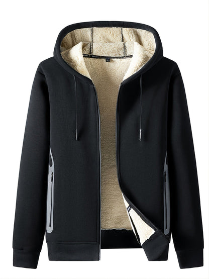 Men's Casual Fleece Thermal Drawstrings Hooded Jacket With Zipper For Winter