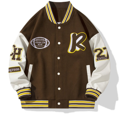 Men's Stand Collar Casual Loose Sports Jacket Color Block "R" Letter Embroidery Button Pocket Coat Top Clothes
