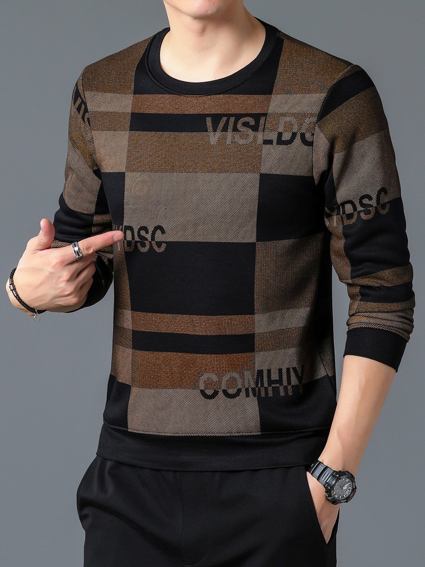 New Winter Men's Round Neck Fleece Thick Long Sleeved T-shirt Christmas Gifts