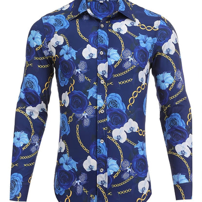 Men's Long Sleeve Luxury Design Print Dress Shirt, Casual Button Down Shirt For Party, Wedding, Banquet, Prom, Nightclub
