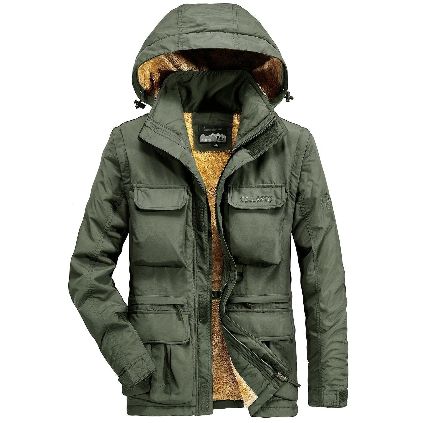 Men's Cargo Jacket Warm Coats Fleece Lined Military Jackets Cotton With Removable Hood