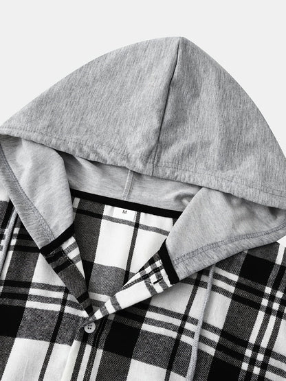 One Size Smaller,  Flannel Loose Shirt For Men Plaid Long Sleeve Casual Button-Down Shirts With Hood Christmas Gifts