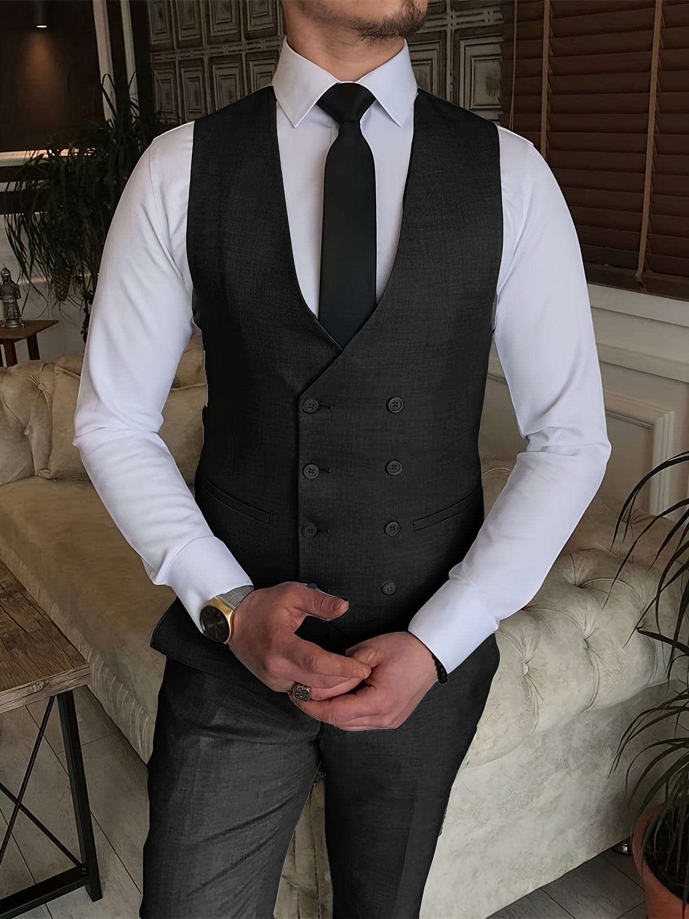 Men's Gentlemen Suits With Slim Fit Blazer & Double Breasted Vest & Pants Set For Wedding Formal Business Party