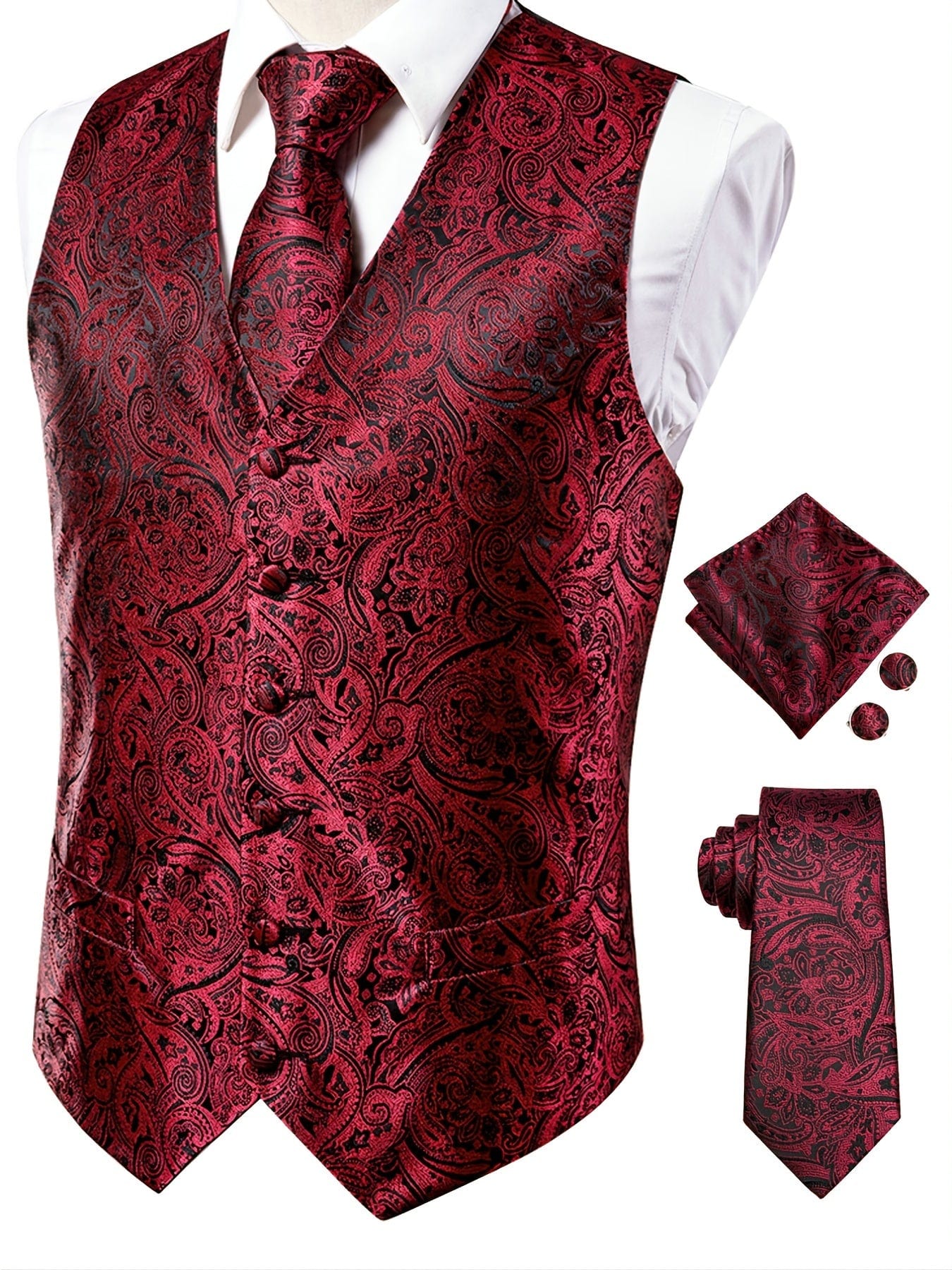 Men's Vintage Elegant Fit Sleeveless Vest Set, Formal Suit Waistcoat & Tie & Cufflinks & Hanky For Wedding Party Business