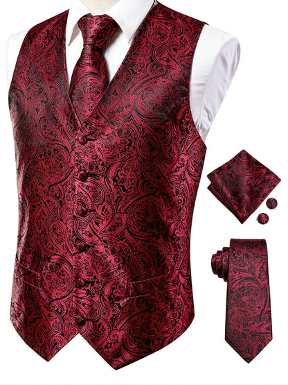 Men's Vintage Elegant Fit Sleeveless Vest Set, Formal Suit Waistcoat & Tie & Cufflinks & Hanky For Wedding Party Business