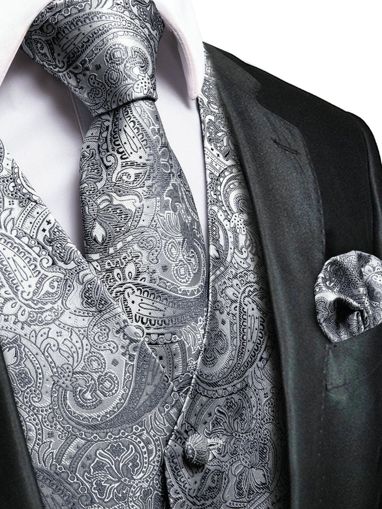 Men's Gray Paisley V-neck Suit Vest And Tie Set For Wedding Party Christmas Gifts