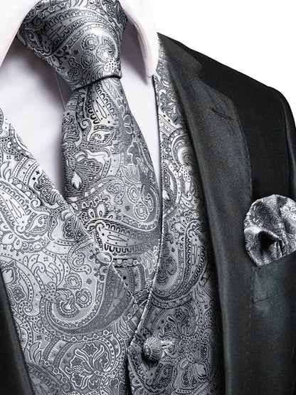 Men's Gray Paisley V-neck Suit Vest And Tie Set For Wedding Party Christmas Gifts