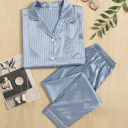 1pc Men's Satin Button Up Striped Pajama Set, Men's Sleepwear
