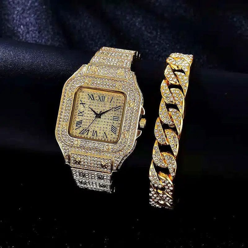 1pc Men's Rhinestone Square Big Dial Hip Hop Watch + 1pc Rhinestone Chain Zinc Alloy Bracelet Set(1 Watch + 1 Bracelet)
