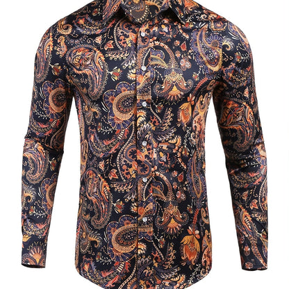 Men's Long Sleeve Luxury Design Print Dress Shirt, Casual Button Down Shirt For Party, Wedding, Banquet, Prom, Nightclub