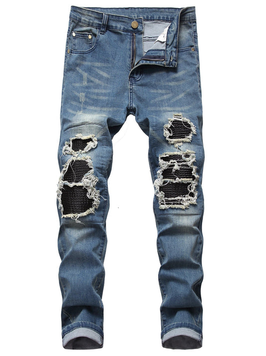 Men's Distressed Slim Fit Biker Jeans Stretched Moto Denim Pants