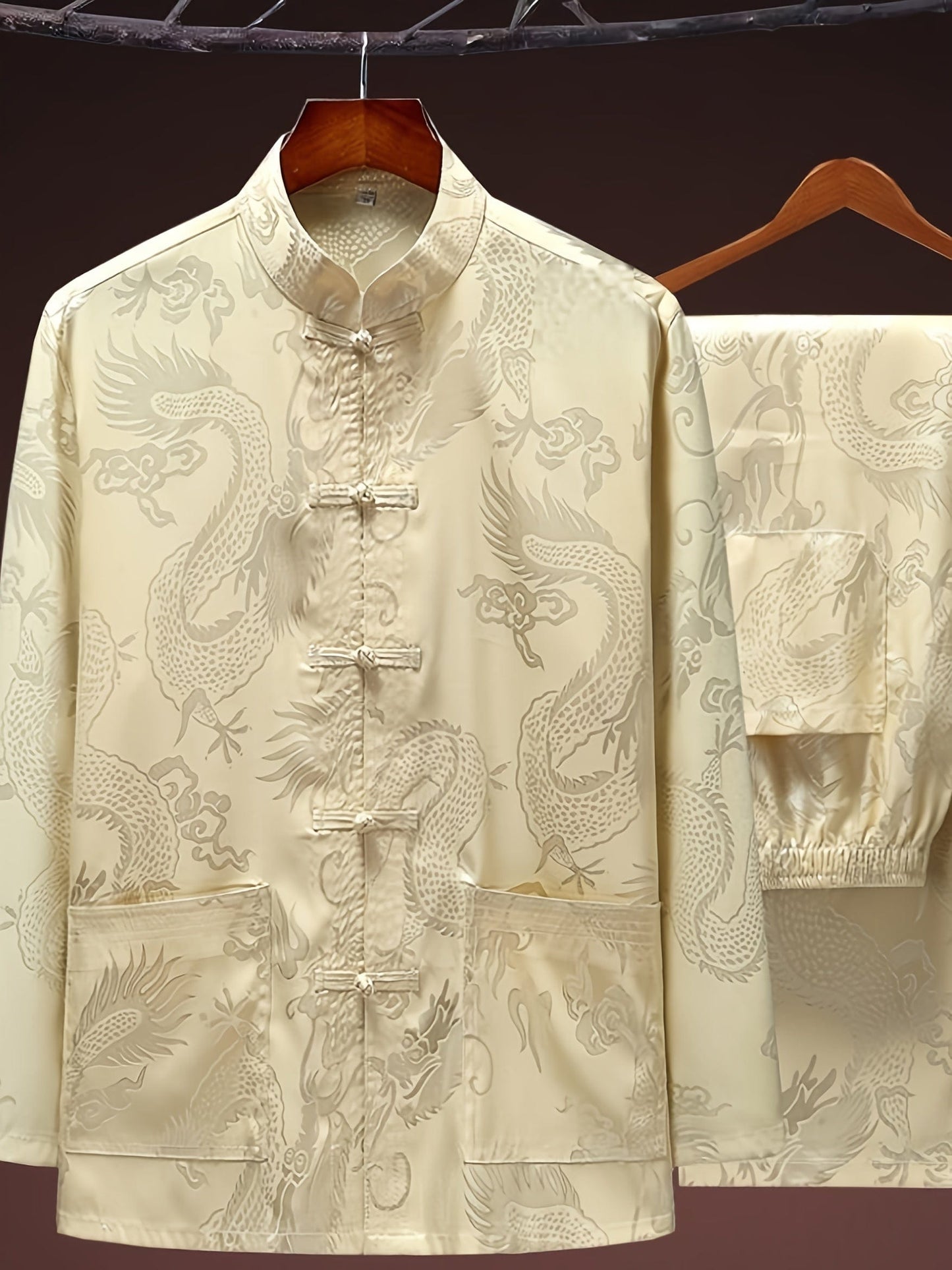 Spring Summer Ice Silk Middle-aged & Elderly Men's Tang Suit, Long-sleeved Suit Silky Shirt Morning Training Suit Tai Chi