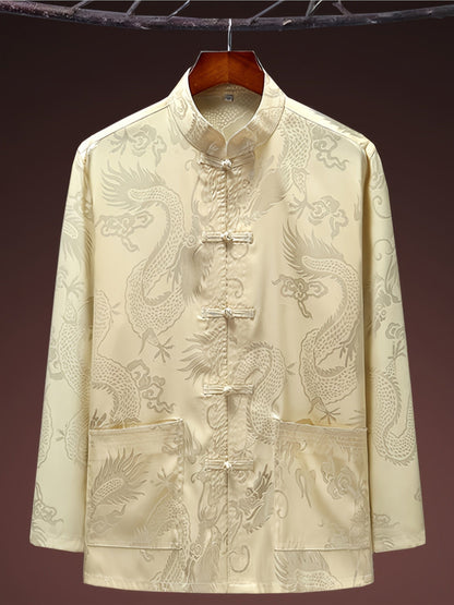 Spring Summer Ice Silk Middle-aged & Elderly Men's Tang Suit, Long-sleeved Suit Silky Shirt Morning Training Suit Tai Chi
