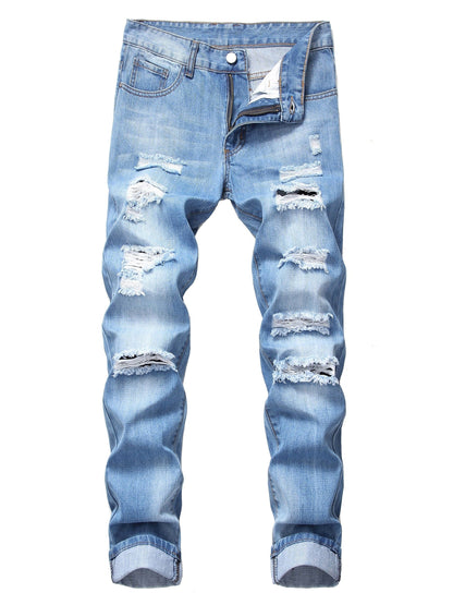 Men's Ripped Distressed Slim Fit Straight Leg Denim Jeans