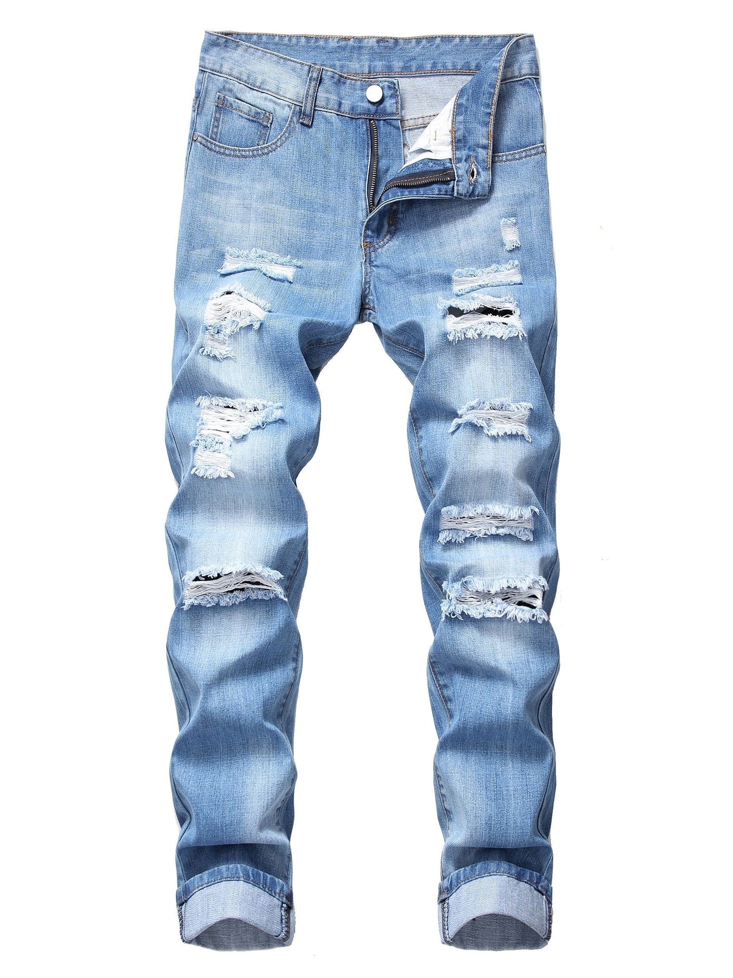Men's Ripped Distressed Slim Fit Straight Leg Denim Jeans