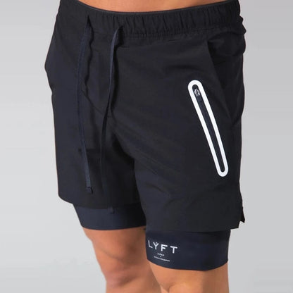 Summer New Men's 2 In 1 Jogging Fitness Training Quick-drying Men's Sports Shorts Zipper Pocket Navy Blue Casual Pants