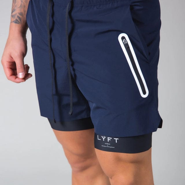 Summer New Men's 2 In 1 Jogging Fitness Training Quick-drying Men's Sports Shorts Zipper Pocket Navy Blue Casual Pants