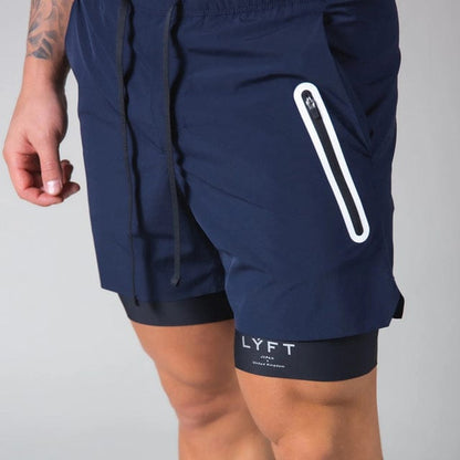 Summer New Men's 2 In 1 Jogging Fitness Training Quick-drying Men's Sports Shorts Zipper Pocket Navy Blue Casual Pants