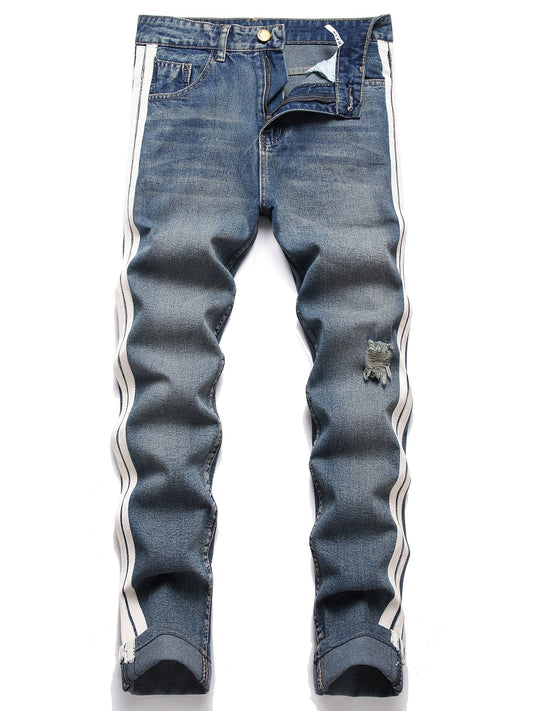 Men's Double Side Stripe Ripped Straight Jeans