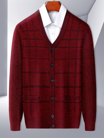 Men's Red V-neck Cardigan Button Up Sweater Plaid Knit Cardigan For Spring Fall Winter Men's Clothes