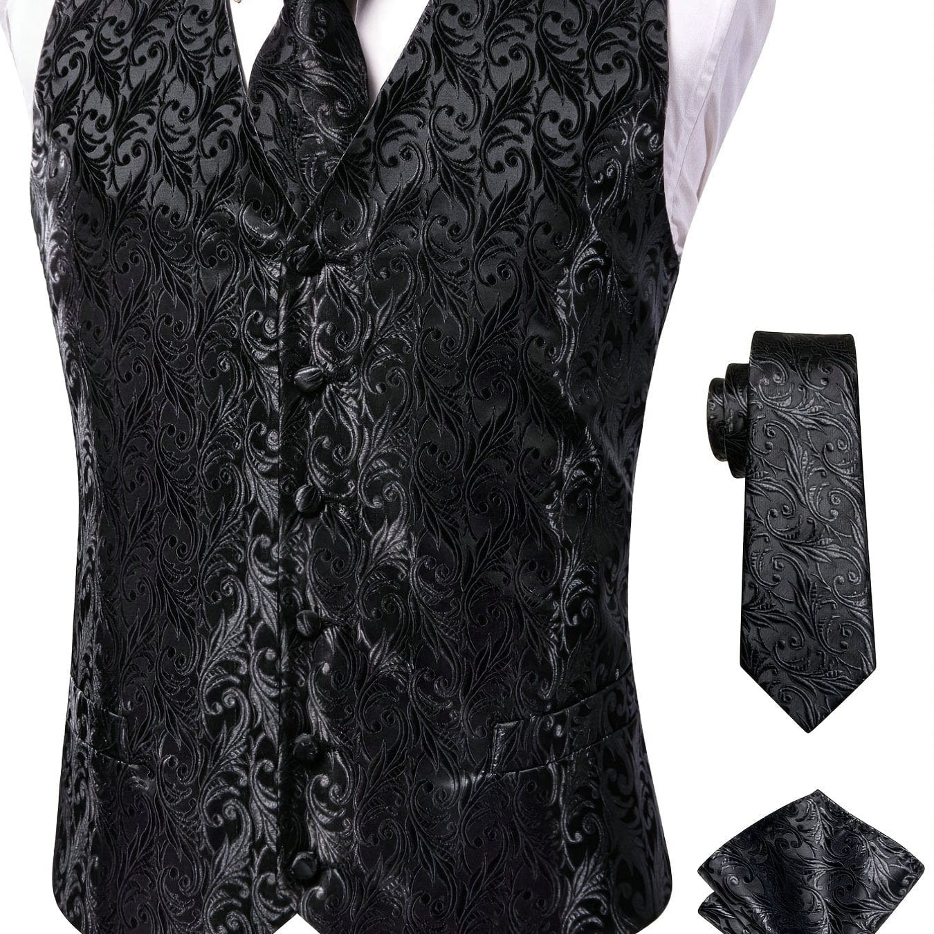 Men's Vintage Elegant Fit Sleeveless Vest Set, Formal Suit Waistcoat & Tie & Cufflinks & Hanky For Wedding Party Business