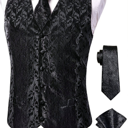 Men's Vintage Elegant Fit Sleeveless Vest Set, Formal Suit Waistcoat & Tie & Cufflinks & Hanky For Wedding Party Business