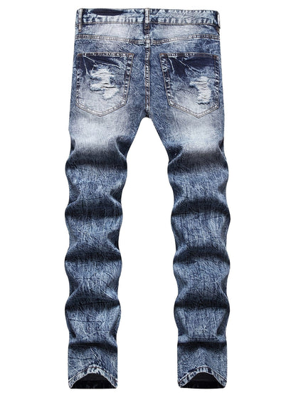 Men's Ripped Patched Jeans, Winter Casual Colorblock Slim Fit Straight Cotton Jeans