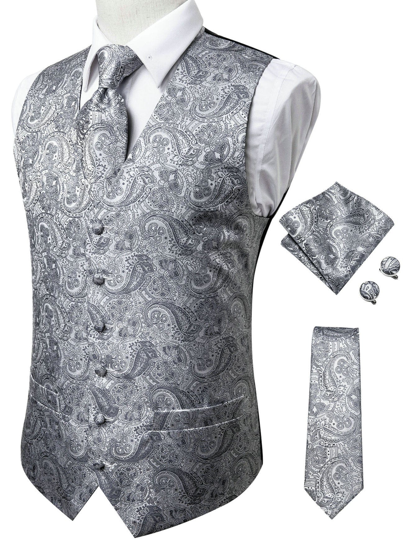Men's Gray Paisley V-neck Suit Vest And Tie Set For Wedding Party Christmas Gifts