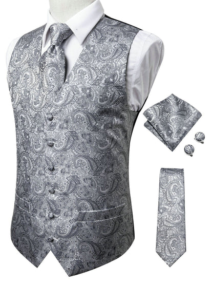 Men's Gray Paisley V-neck Suit Vest And Tie Set For Wedding Party Christmas Gifts