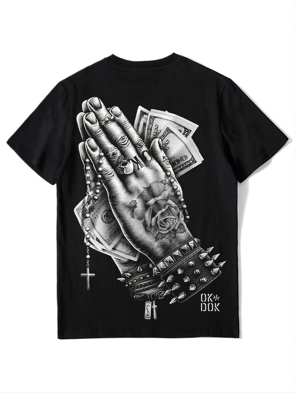 New Men's Casual Loose Fashionable Hiphop Style Black Crew Neck Pray Hand Gesture Print Short Sleeves T-Shirt Christmas Gifts