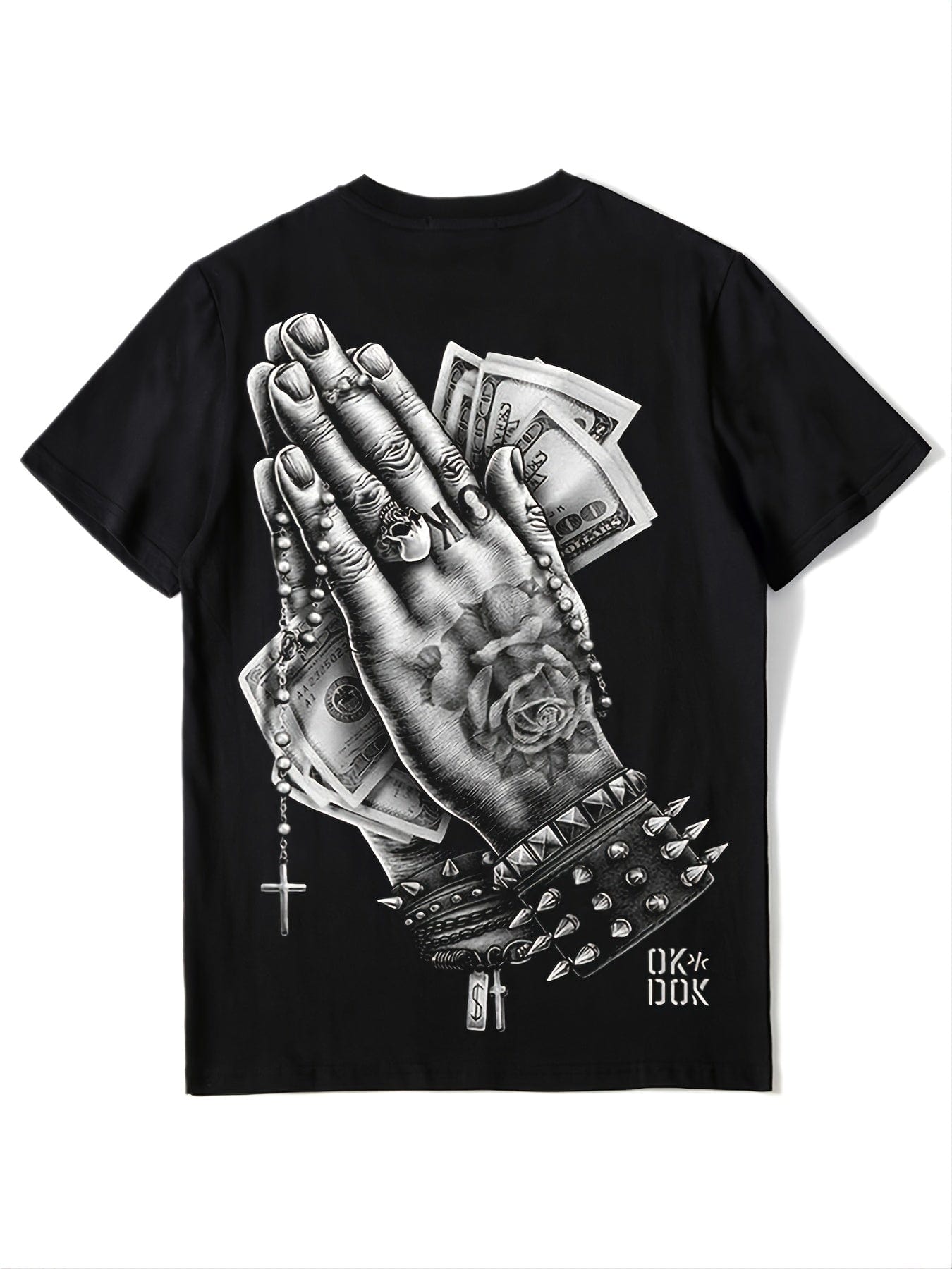 New Men's Casual Loose Fashionable Hiphop Style Black Crew Neck Pray Hand Gesture Print Short Sleeves T-Shirt Christmas Gifts
