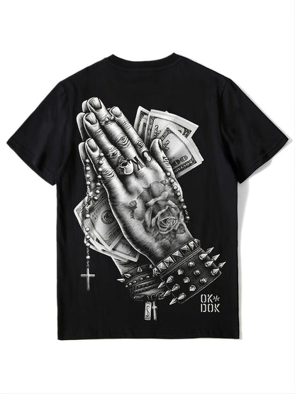 New Men's Casual Loose Fashionable Hiphop Style Black Crew Neck Pray Hand Gesture Print Short Sleeves T-Shirt Christmas Gifts