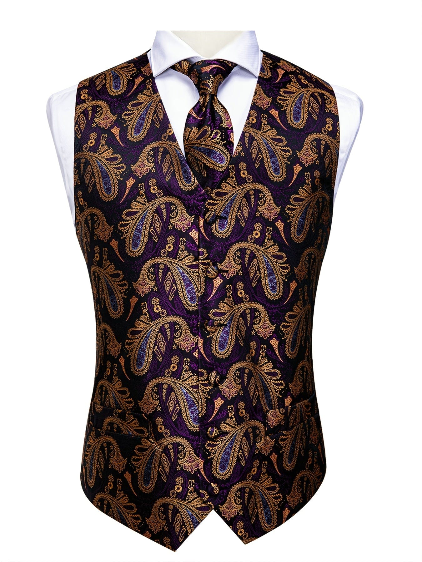 Men's Vintage Elegant Fit Sleeveless Vest Set With Floral Print, Formal Suit Waistcoat & Tie & Cufflinks & Hanky For Wedding Party Business