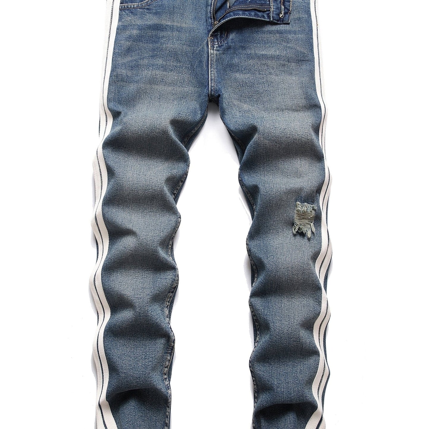 Men's Double Side Stripe Ripped Straight Jeans