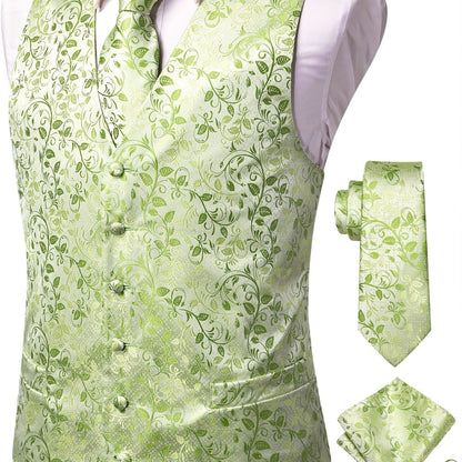 Men's Vintage Elegant Fit Sleeveless Vest Set, Formal Suit Waistcoat & Tie & Cufflinks & Hanky For Wedding Party Business