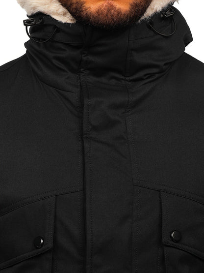 Men's Faux Fur Thickened Pocket Zipper Parka Jacket Coat For Winter