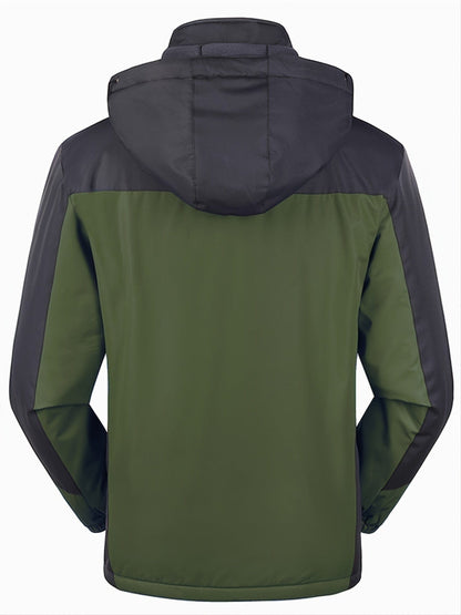 Men's Winter Outdoor Thermal Jacket, Casual Color Block Windproof Hooded Jacket With Pockets Christmas Gifts