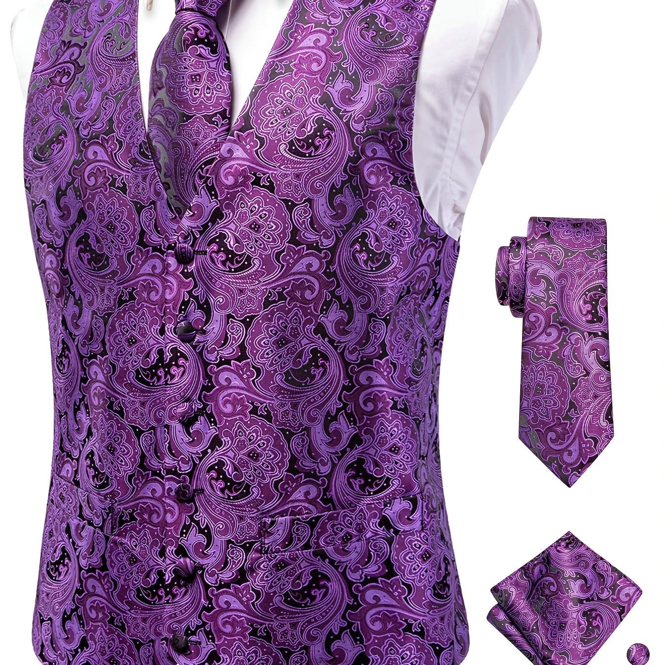 Men's Vintage Elegant Fit Sleeveless Vest Set, Formal Suit Waistcoat & Tie & Cufflinks & Hanky For Wedding Party Business