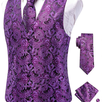 Men's Vintage Elegant Fit Sleeveless Vest Set, Formal Suit Waistcoat & Tie & Cufflinks & Hanky For Wedding Party Business