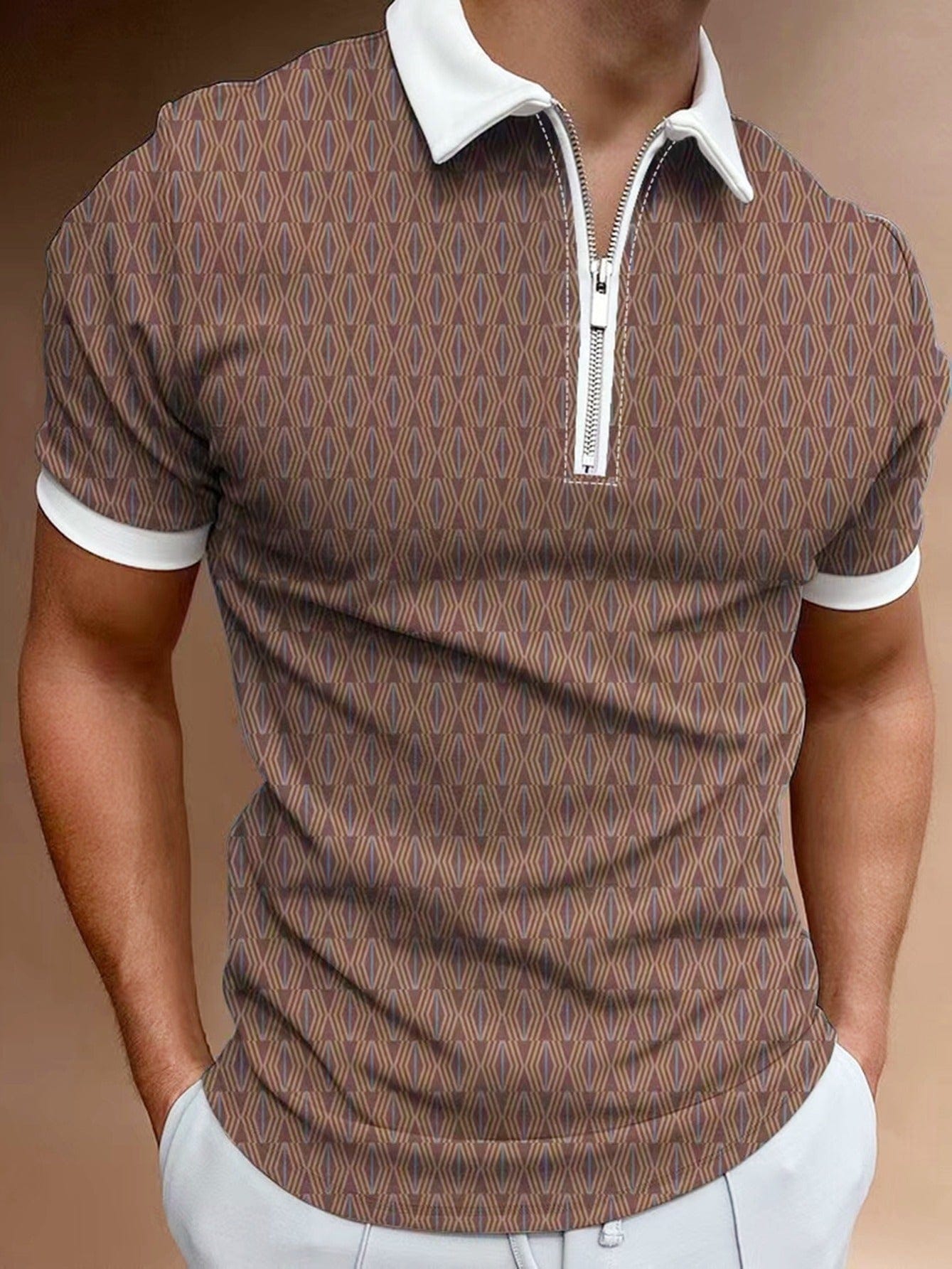Small Size & Order Size Up, New Men's Casual Slim Fashionable Street Style Dark Brown Lapel Short Sleeves Polo Shirt With Floral Print Christmas Gifts