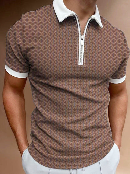 Small Size & Order Size Up, New Men's Casual Slim Fashionable Street Style Dark Brown Lapel Short Sleeves Polo Shirt With Floral Print Christmas Gifts