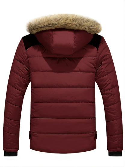 Men's Winter Fleece Padded Jacket With Detachable Faux Fur Hood