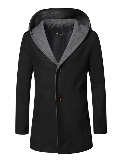 Men's Wool Coat Winter Long Trench Coat Classic Hooded Jacket Top Coat