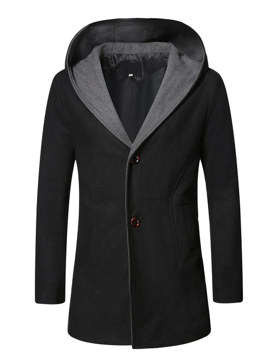 Men's Wool Coat Winter Long Trench Coat Classic Hooded Jacket Top Coat