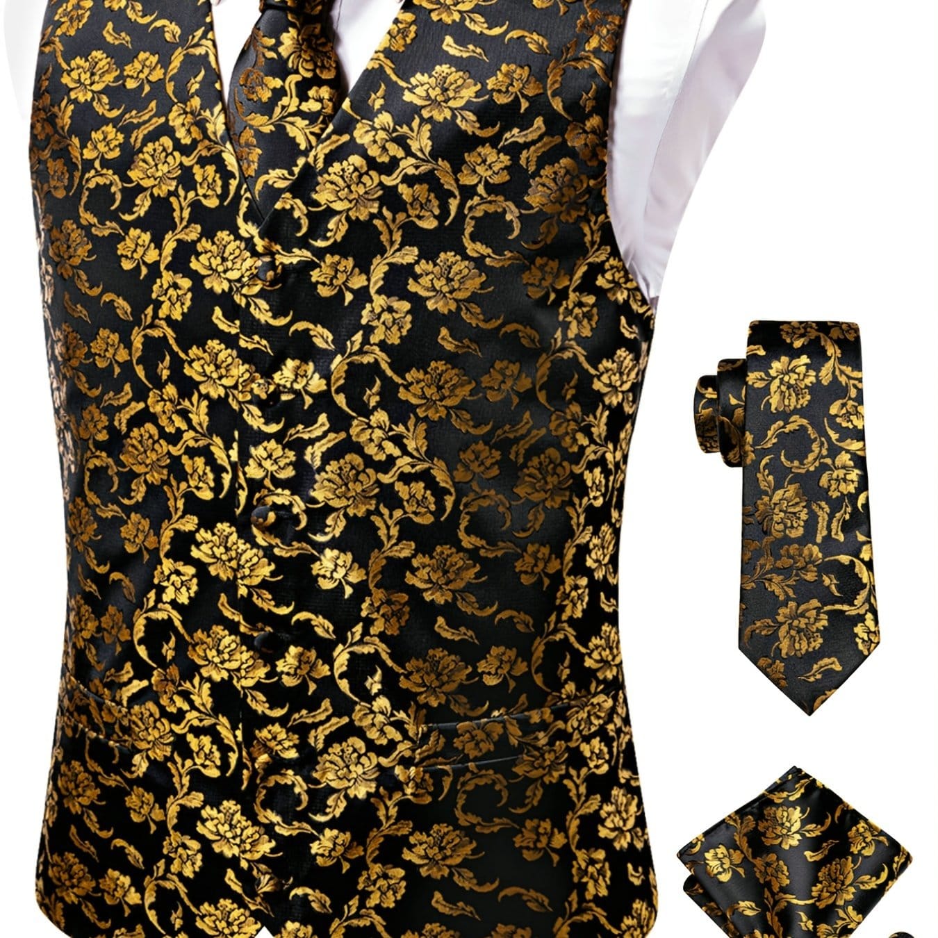 Men's Vintage Elegant Fit Sleeveless Vest Set With Floral Print, Formal Suit Waistcoat & Tie & Cufflinks & Hanky For Wedding Party Business