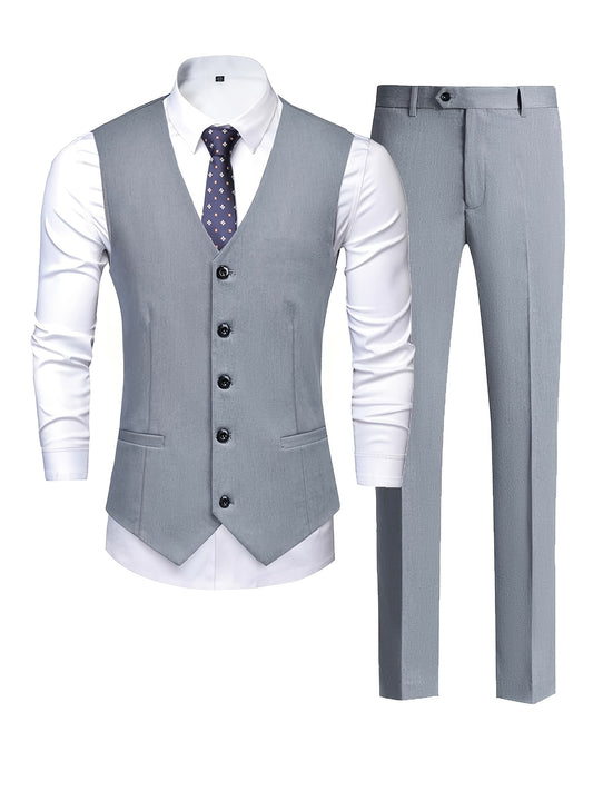 Men's Classic Gentlemen Formal Suits With Slim Fit V-neck Vest Jacket & Pants Set For Party Business