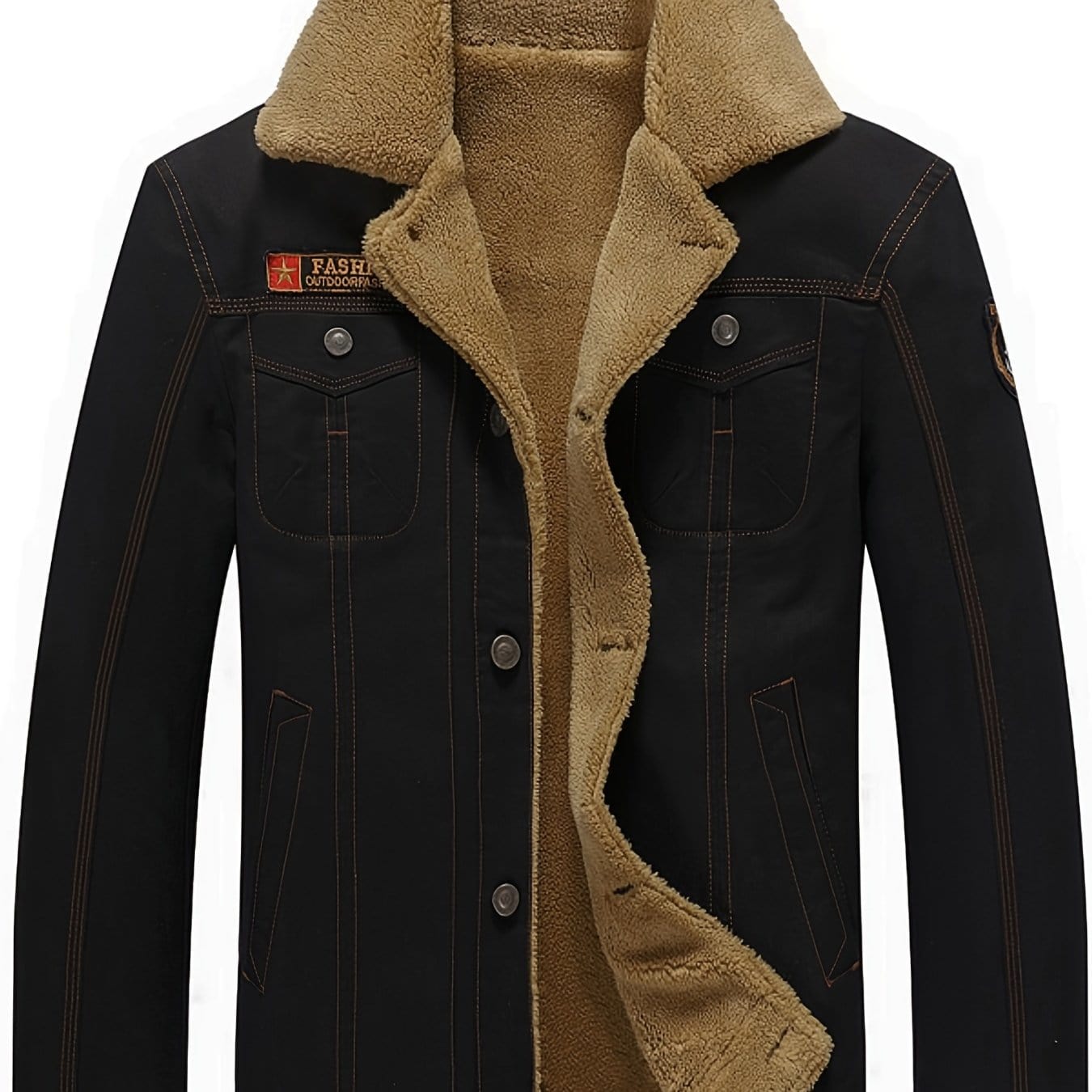 Men's Casual Vintage Fleece Thermal Thick Jacket, Long Sleeve Lapel Windbreaker For Winter